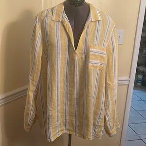 J.JILL Love Linen Ladies Yellow and Blue Striped Long Sleeve Blouse, XL